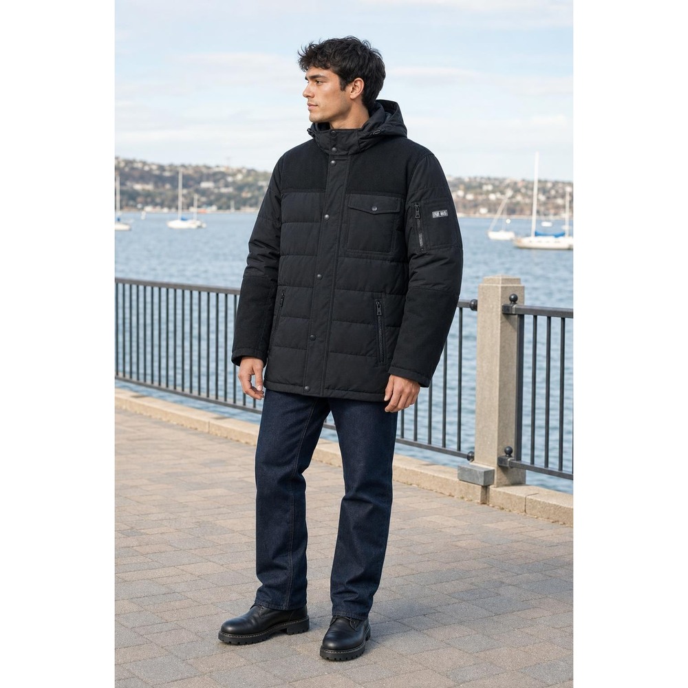 Nautica Puffer Jacket Men's XL Black Wool Trim Thick Hooded Warm Gorpcore